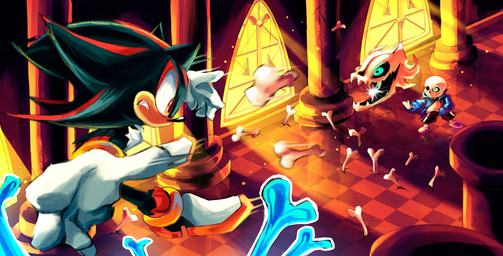 anthro black_body blue_eyes bone clothing duo gloves handwear inside jacket male red_eyes skeleton topwear window playcenter sega sonic_the_hedgehog_(series) undertale_(series) sans_(undertale) shadow_the_hedgehog eulipotyphlan hedgehog mammal absurd_res hi_res