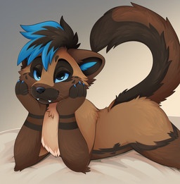anthro bed bedroom_eyes black_body black_fur black_nose blue_eyes blue_hair blue_sclera brown_body brown_fur fur furniture hair long_tail lying male markings multicolored_body multicolored_fur narrowed_eyes on_front seductive striped_markings stripes tail feve russ_(russkcat) gulonine mammal marten mustelid musteline pine_marten hi_res