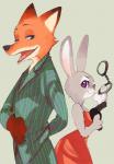 2016 anthro canid canine claws cuff_(restraint) disney duo female fox fur green_eyes gun handcuffs handgun judy_hopps lagomorph leporid looking_back male mammal metal_cuffs nick_wilde open_mouth pistol purple_eyes rabbit ranged_weapon red_fox restraints shackles simple_background smile stripes true_fox weapon yukineko zootopia 黄緑色野菜