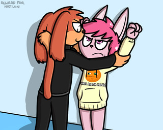 anthro bottomless clothed clothing duo fur hair male simple_background smile topwear pokefound the_annoying_orange sonny_boop haplorhine hybrid lagomorph leporid mammal monkey primate rabbit 2019 5:4 digital_media_(artwork)