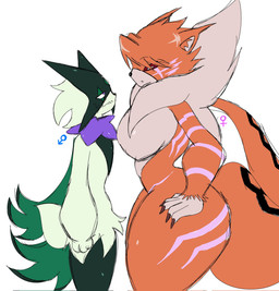 anthro big_butt big_tuft bodily_fluids butt chest_tuft colored_nails cross_pupils duo female female_symbol fur gender_symbol green_body green_fur hand_on_hip male male_symbol markings mask_face nails orange_body orange_fur purple_eyes purple_markings red_eyes red_nails side_butt simple_background sweat sweatdrop symbol tail toony tuft shun_gt bandai_namco digimon nintendo pokemon digimon_(species) domestic_cat felid feline felis generation_9_pokemon maine_coon mammal meicrackmon meicrackmon_vicious_mode meowscarada pokemon_(species) shiny_pokemon colored_sketch hi_res sketch