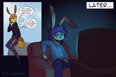 anthro bulge cellphone curly_hair detailed_background dialogue duo electronics hair hand_on_bulge holding_bulge hypnosis hypnotic_screen male male/male mind_control null_bulge phone ringed_eyes sitting television text ofthestarlesssea hypnovember hypnovember2025 aleph_(ofthestarlesssea) morgan_(ofthestarlesssea) arthropod bee hymenopteran insect lagomorph leporid mammal rabbit comic english_text full-length_portrait hi_res portrait shaded nonbinary_(lore)