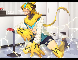anthro black_body black_fur blue_body blue_bottomwear blue_clothing blue_eyes blue_fur blue_pawpads blue_shorts bodily_fluids bottomwear claws clothed clothing digitigrade electricity fangs finger_claws floor fur fur_growth furniture fused_fingers green_clothing green_shirt green_topwear growth human_to_anthro kneeling locker looking_at_self male mid_transformation multicolored_body multicolored_fur nipples open_clothing open_shirt open_topwear pawpads pokeball shirt shorts snout snout_growth solo species_transformation standard_pokeball stool sweat tan_body tan_skin teeth tile tile_floor toe_claws topwear transformation wall_socket white_claws white_clothing white_shirt white_topwear yellow_body yellow_fur yellow_nose husdingo nintendo pokemon felid feline generation_7_pokemon human legendary_pokemon mammal pokemon_(species) zeraora shaded