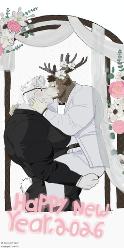 anthro antlers barazoku beard biceps black_bottomwear black_bow_tie black_clothing black_pants blush bottomwear bow_tie brown_body brown_fur brown_hair claws clothing collared_shirt dress_shirt duo eyes_closed eyewear facial_hair finger_claws flower fur glasses gloves_(marking) gold_ring hair hand_on_cheek holding_partner holidays horn larger_anthro larger_male magnolia male male/male markings multicolored_body multicolored_fur muscular muscular_anthro muscular_male pants pecs plant ring_(jewelry) rose_(flower) shirt simple_background size_difference small_tail smaller_anthro smaller_male tail tan_body tan_fur text topwear two_tone_body two_tone_fur wedding white_background white_body white_bottomwear white_clothing white_fur white_hair white_pants white_shirt white_topwear elpapup67492 december_twilight new_year new_year_2026 nicholas_briant owen_brayden bear deer mammal new_world_deer polar_bear reindeer ursine 2025 english_text hi_res
