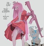 4_fingers anthro balls black_eyebrows blood blue_blood blue_eyes bodily_fluids closed_smile clothed clothed_anthro clothed_male clothing clothing_lift colored_blood crossdressing dialogue dress dress_lift duo eyebrows eyewear femboy fingers fur genitals glasses grey_text hair holding_assault_rifle knife legwear long_hair looking_aside male male_anthro mouth_closed multicolored_clothing multicolored_dress no_underwear nosebleed pink_balls pink_body pink_ears pink_eyes pink_fur pink_hair pink_nose pointy_ears prick_ears red_clothing red_dress religious_neckwear restraints round_glasses simple_background smile snout solo_focus spiral_eyes standing straitjacket talking_to_another text thigh_highs two_tone_clothing two_tone_dress unusual_blood unusual_bodily_fluids white_background white_body white_clothing white_dress white_ears white_fur white_legwear white_thigh_highs kogito monster_energy ambiguous_species canid canine mammal 2025 absurd_res english_text hi_res
