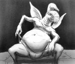 belly clothed clothing flaccid_nose male overweight overweight_male solo thong trunk underwear wings lotf star_wars watto alien toydarian monochrome