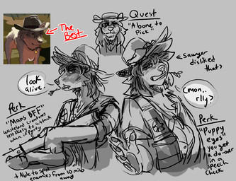anthro clothing cowboy_hat female feral gun hat headgear headwear ranged_weapon shotgun solo text weapon woolfe fallout microsoft sawyer_(vvoolfe) beauceron canid canine canis domestic_dog herding_dog mammal pastoral_dog english_text