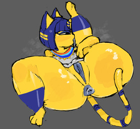 3_toes anal_fluids anthro anus barefoot big_butt black_eyes blue_ears blue_eyeshadow blue_hair bodily_fluids butt clothing eyeshadow feet female fur genital_fluids genitals hair lying makeup on_back one_leg_up presenting presenting_anus presenting_hindquarters raised_leg short_hair solo spread_legs spreading startled sweat sweatdrop tail toes uraeus vaginal_fluids vulva yellow_body yellow_fur yellow_inner_ear qwpeowqpe animal_crossing nintendo ankha_(animal_crossing) domestic_cat felid feline felis mammal hi_res