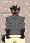 anthro black_body black_fur blue_eyes blush fangs fur grey_body grey_fur happy heart_symbol male multicolored_body multicolored_fur muscular muscular_anthro muscular_male nipples open_mouth smile solo teeth text tongue two_tone_body two_tone_fur arrwulf fer hyena mammal striped_hyena english_text hi_res