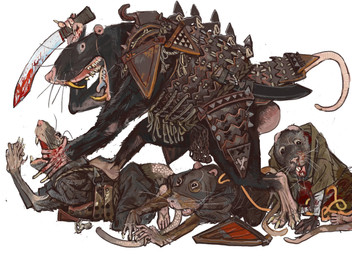 5_fingers anthro armor balls begging begging_for_mercy big_balls blood bodily_fluids crying fingers genitals gold_(metal) gold_tooth holding_melee_weapon holding_object holding_weapon imminent_death melee_weapon simple_background size_difference tail tears weapon white_background mossa warhammer_(franchise) mammal murid murine rat rodent skaven hi_res