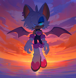 anthro blue_eyes bodysuit chest_window clothing crossgender eyeshadow ftm_crossgender fur hair hair_over_eye makeup male skinsuit skintight_suit smile smirk solo sunset tight_clothing white_body white_fur wings imlarked sega sonic_the_hedgehog_(series) rogue_the_bat_(nikkikaji) rouge_the_bat bat mammal hi_res