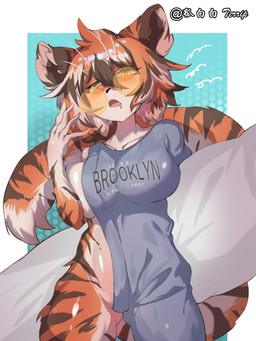 anthro breasts clothed clothed_anthro clothed_female clothing eyewear female fur glasses solo striped_body striped_fur stripes terrip arknights brooklyn_sweater hypergryph meme_clothing studio_montagne waai_fu_(arknights) felid mammal pantherine tiger hi_res meme