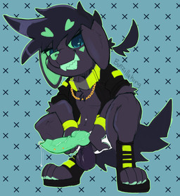 animal_genitalia animal_penis anthro balls black_body black_fur black_hair blue_eyes bodily_fluids canine_genitalia canine_penis chain chest_tuft clothing collar fangs floppy_ears footwear fur genital_fluids genital_piercing genitals gold_(metal) gold_chain green_teeth grin hair jacket knot leaking_precum male navel navel_piercing paw_shoes pawpads paws penis penis_piercing piercing ponytail precum precum_string shoes shortstack smile smug solo tail teeth topwear tuft vein veiny_penis wristband bunzillaking sable_(premiumdraw) canid canine canis domestic_dog mammal digital_drawing_(artwork) digital_media_(artwork) hi_res watermark