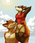 anthro bright carrying_another duo eyewear female happy interspecies lifting_another male male/female on_shoulder romantic romantic_ambiance romantic_couple smile sun sunglasses temiree legend_of_ahya fan_character mountain_aj murana_wolford_(darkflame-wolf) canid canine canis fox mammal wolf