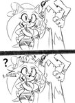 anthro big_breasts breasts camel_toe cleavage clothed clothing cosplay crossgender duo female hand_on_head male question_mark size_difference missphase nintendo pokemon sega sonic_the_hedgehog_(series) sonic_the_hedgehog blaziken generation_3_pokemon pokemon_(species) hi_res monochrome