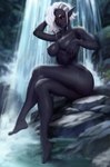 big_breasts black_body black_skin braided_hair breasts crossed_legs female genitals hair humanoid_pointy_ears nature nature_background nipples nude pointy_ears pussy red_eyes rock sitting solo water waterfall wet white_hair siriussly dark_elf elf humanoid mammal absurd_res hi_res