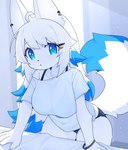 2024 5_fingers absurd_res anthro bella_(devil-vox) blue_eyes blush breasts canid canine canis clothed clothed_anthro clothed_female clothing devil-vox ear_piercing ear_ring female fingers front_view fur hair hi_res inside kemono looking_at_viewer mammal panties pantsless partially_clothed partially_clothed_anthro partially_clothed_female piercing ring_piercing solo standing tail topwear underwear white_body white_fur white_hair white_tail wolf