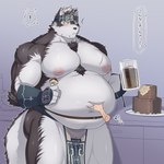 anthro belly belly_grab big_belly blush bottomwear cake chest_tuft clothing dessert food grey_body inverted_nipples kemono loincloth male moobs musclegut muscular muscular_arms nipples obese obese_male overweight overweight_male solo text tuft aaassstaro lifewonders tokyo_afterschool_summoners horkeu_kamui_(tas) canid canine canis mammal wolf 1:1 2022 hi_res japanese_text translation_request