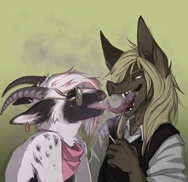 anthro bodily_fluids bovid_horn caprine_horn cigarette clothing drooling duo ear_piercing ear_tag eyewear fangs femboy french_kissing glasses goat_horn hair horn kissing licking long_hair long_tongue male male/male piercing saliva scarf shotgunning simple_background smoke smoking teeth tongue tongue_out topwear vest drae biobatz dim333 bat bovid caprine goat mammal absurd_res hi_res