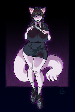 anthro big_breasts black_clothing black_dress black_footwear black_hair black_lips black_nails black_shoes blue_eyes braided_hair breasts clothing colored_nails costume curvy_figure dress eyeshadow female footwear fur hair halloween_costume holidays huge_breasts knife lips logo long_tail makeup monotone_body nails pigtails platform_footwear platform_shoes purple_eyeshadow shirt_collar shoes smile solo tail text twin_braids white_body white_fur wide_hips boosterpang halloween the_addams_family eva_stelida wednesday_addams american_mink mammal mink mustelid musteline neovison true_musteline 2025 artist_logo english_text hi_res japanese_text