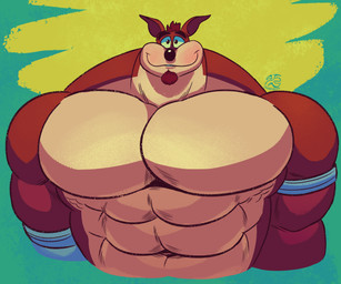 abs anthro big_muscles big_pecs cybernetic_arm cybernetic_limb facial_hair fur goatee green_background male muscular muscular_male pecs red_body red_fur shirtless_male simple_background jasperthecrab activision crash_bandicoot_(series) crunch_bandicoot bandicoot mammal marsupial bust_portrait hi_res portrait