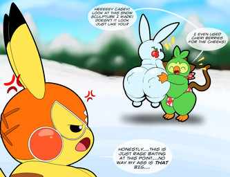 annoyed anthro biped bulge cheri_berry clothed clothed_anthro clothed_male clothing cosplay_pikachu_(costume) crossed_arms detailed_bulge dialogue duo eyes_closed food fruit happy holding_object kerchief male male_anthro mask outside plant pokemon_berry polka_dot_panties snow snow_sculpture snowman sports_mask sportswear talking_to_another text tree wrestling_mask tepigfan101 nintendo pokemon pokemon_mystery_dungeon spike_chunsoft calvin_(tepigfan101) casey_(tepigfan101) pikachu_libre generation_1_pokemon generation_8_pokemon grookey pikachu pokemon_(species) 2026 absurd_res digital_media_(artwork) english_text hi_res