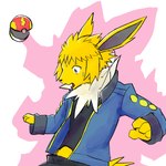 3_fingers 4_fingers after_transformation blonde_hair blue_eyes bodily_fluids bottomwear clothing fangs fast_ball fingers fur glowing gym_leader hair implied_transformation jacket long_ears male mid_transformation neck_tuft open_mouth outline pants pokeball shirt shocked simple_background small_nose solo species_transformation spikey_tail spiky_hair surprise sweat sweatdrop teeth thunder topwear transformation transformation_by_pokeball tuft white_background yellow_body yellow_fur tyogebou nintendo pokemon volkner_(pokemon) eeveelution generation_1_pokemon jolteon pokemon_(species) 1:1 2022 digital_drawing_(artwork) digital_media_(artwork) half-length_portrait hi_res portrait