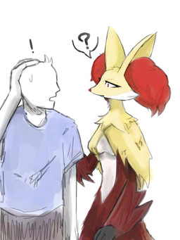 anthro biped bodily_fluids clothed clothed_human clothed_male clothing duo exclamation_point eyelashes faceless_character faceless_male female female_anthro front_view fully_clothed fully_clothed_human fully_clothed_male male male_human open_mouth question_mark side_view simple_background snout speech_bubble standing sweat sweatdrop kuri nintendo pokemon canid delphox generation_6_pokemon human mammal pokemon_(species) 2023 3:4 digital_drawing_(artwork) digital_media_(artwork) hi_res japanese_description translated_description