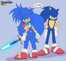 anthro armor big_breasts big_butt blue_body blue_fur breasts butt clothing duo female footwear fur gloves glowing_sword glowing_weapon green_eyes hair handwear holding_object holding_weapon leotard looking_at_viewer looking_back male melee_weapon side_boob smile sword tail text thick_thighs weapon pepamintop falcom popful_mail sega sonic_the_hedgehog_(series) fan_character selena_the_popful_hedgehog sonic_the_hedgehog eulipotyphlan hedgehog mammal 2024 english_text hi_res brother_(lore) brother_and_sister_(lore) sibling_(lore) sister_(lore)