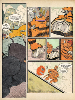 anthro balls big_butt binoculars black_stripes blue_clothing bodily_fluids bottomwear brown_body brown_fur building butt city clothing cloud coming_from_portal cum cumshot dialogue ejaculation electronics exclamation_point eyewear fedora fur genital_fluids genitals goggles group hat head_tuft headgear headwear looking_at_another male muscular muscular_anthro muscular_male neck_tuft orange_body orange_fur pants pecs penis police police_hat police_uniform portal retro rolled_up_sleeves sharp_teeth shirt sky striped_body stripes tail teeth text thank topwear trash_can trio tuft uniform walkie-talkie whiskers furryonline1 dog_man_(series) dog_man_(character) petey_the_cat canid canine canis domestic_cat domestic_dog felid feline felis humanoid mammal comic english_text hi_res