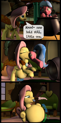 belly big_belly clothed clothing dialogue digestion duo feathered_wings feathers female feral fur hair hat headgear headwear horn long_hair magic_user smile speech_bubble text vore wings witch witch_hat yellow_body yellow_feathers optica friendship_is_magic hasbro my_little_pony mythology fluttershy_(mlp) equid equine mammal mythological_creature mythological_equine pegasus unicorn 2015 3d_(artwork) digital_media_(artwork) english_text hi_res