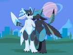 3_fingers 3_toes 4_ears city city_background dewclaw duo feathered_wings feathers feet female fingers iridescent_feathers male mountain_range multi_ear nuzzling planet ringed_planet toes walking wings frigadae braid_(k'braid) eili_(k'braid) avali 4:3