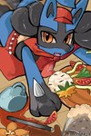 ambiguous_gender anthro apron blue_body clothing container cup embarrassed fangs fell_down food fruit hat headgear headwear looking_at_viewer open_mouth orange_eyes plant solo spikes spikes_(anatomy) teeth tomato tongue meekax_x nintendo pokemon pokemon_cafe_remix canid canine generation_4_pokemon lucario mammal pokemon_(species) 2025 absurd_res hi_res signature