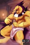 anthro candy claws clothing dessert eyes_closed feral food fur holidays male muscular muscular_male open_mouth pharaoh purple_body purple_fur royalty rubor solo standing text thick_thighs yellow_body yellow_fur brennan_d_vries halloween nintendo pokemon ekizzo generation_2_pokemon mammal mustelid musteline pokemon_(species) typhlosion digital_media_(artwork) signature