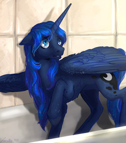 bath blue_body blue_eyes blue_fur blue_hair eyebrows eyelashes feathered_wings feathers female feral fur hair horn inside solo wings lusille friendship_is_magic hasbro my_little_pony mythology princess_luna_(mlp) equid equine mammal mythological_creature mythological_equine winged_unicorn 2017 hi_res signature