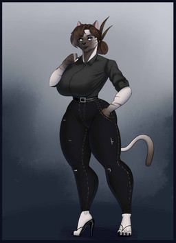 4_toes 5_fingers anthro big_breasts big_butt black_clothing blue_border blue_eyes border breasts brown_body brown_face brown_fur brown_hair butt cigarette clothed clothing curvy_figure facial_piercing feet female fingers footwear fully_clothed fur gradient_background hair hand_in_pocket high_heels huge_breasts lips mature_female multicolored_body multicolored_fur piercing pockets ponytail rolled_up_sleeves shoes simple_background small_waist smoking solo thick_bottom_lip thick_thighs tight_clothing toes two_tone_body two_tone_fur white_body white_fur wide_hips pancarta mrs._monica_(pancarta) domestic_cat felid feline felis mammal absurd_res full-length_portrait hi_res portrait