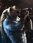 abs anthro armband athletic biceps blonde_hair claws clothed clothing collar concert electronics eyes_closed fangs fur grey_body grey_fur hair lights long_hair male microphone muscular muscular_anthro night open_mouth sharp_teeth singing solo teeth topless loculi mythology canid canine canis mammal mythological_canine mythological_creature werecanid werecanine werecreature werewolf wolf detailed hi_res