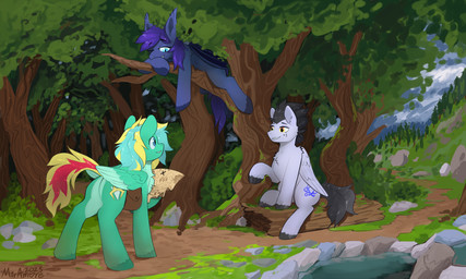 adventurer cloud cutie_mark feral forest fur group hair hiking lying male map mountain plant saddle_bag sky sleeping smile tail tree trio wings miramore hasbro my_little_pony estrella_azul_(jedayskayvoker) typhoon_(skysweep1) wing_mccallister 2025 5:3 dated digital_media_(artwork) hi_res