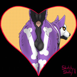 anus backsack balls black_balls black_body black_fur black_nose dotted_background facial_markings feral fur genitals glistening glistening_eyes head_markings looking_at_viewer looking_back looking_back_at_viewer male male_feral markings mask_(marking) mouth_closed pattern_background presenting presenting_anus presenting_balls purple_body purple_fur rear_view simple_background solo toony white_body white_fur white_markings yellow_eyes sketchy_shelby canid canine mammal 1:1 hi_res