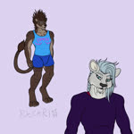 anthro black_nose blue_eyes blue_hair bottomwear brown_body brown_fur brown_hair brown_nose bulge butt clothed clothing duo fangs fur grey_body grey_fur hair long_hair looking_at_another looking_at_viewer looking_back male meme_pose mohawk music music_video oppai_shirt raised_tail sabertooth_(anatomy) shorts squatting_position tail teeth topwear vest big_chief_bakari_(artist) broly_culo hot_milk_(song) bakari_abamwemwande_(character) steingrimr_(character) felid mammal prehistoric_species saber-toothed_tiger 1:1 animated animation_meme meme short_playtime sound webm