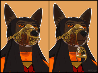 anthro bdsm black_hair bondage bound brown_body brown_fur clothing femboy floral_pattern fur hair harem harem_outfit hinge leaf_print lock long_hair looking_forward male metal muzzle_(object) orange_clothing orange_eyes ornate_clothing outline padlock simple_background skinsuit solo submissive submissive_male tan_background tight_clothing two_panel_image white_outline mitokep zanaa_(mitokep) canid canine canis jackal mammal 2025 3d_(artwork) 4:3 blender_(artwork) bust_portrait cel_shading digital_media_(artwork) hi_res portrait shaded simple_shading