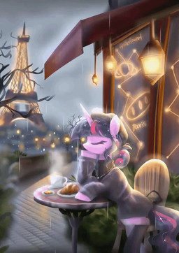 bread clothing coat coffee_shop container croissant cup eiffel_tower eyes_closed female feral food hair horn mug pastry ponytail solo steam topwear winter_hat petaltwinkle friendship_is_magic hasbro my_little_pony mythology twilight_sparkle_(mlp) equid equine mammal mythological_creature mythological_equine unicorn animated hi_res