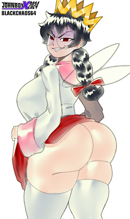 big_butt black_hair bottomwear braided_pigtails butt clothed clothing crown eyelashes eyewear female glasses hair headgear insect_wings legwear looking_at_viewer looking_back looking_back_at_viewer no_underwear raised_bottomwear raised_clothing raised_skirt rear_view red_bottomwear red_bow red_clothing red_eyes red_skirt round_glasses simple_background skirt smile solo tan_body tan_skin thick_thighs thigh_highs topwear white_background white_clothing white_legwear white_thigh_highs white_topwear wide_hips wings blackchaos64 johnboyx kirby_(series) nintendo fairy_queen_(kirby) fairy humanoid winged_humanoid hi_res
