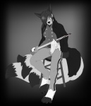 anthro biped blade blood bodily_fluids breasts clothing female fluffy fluffy_tail furniture melee_weapon rag sitting solo stool sword tail weapon accelo rynn canid canine fox mammal greyscale hi_res monochrome