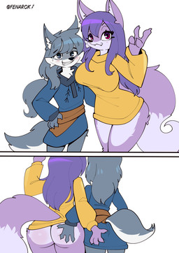 anthro big_breasts bodily_fluids breasts butt butt_grab claws duo fangs female fur grey_eyes grey_hair hair hand_on_butt male purple_body purple_fur purple_hair red_eyes simple_background smile sweat tail teeth text white_background fenarok canid canine mammal absurd_res artist_name character_request comic hi_res