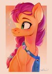 braided_hair chest_tuft eyebrows eyelashes female feral freckles green_eyes hair long_hair orange_body pin_(fastener) purple_hair sitting smile solo tuft sofiko-ko hasbro mlp_g5 my_little_pony sunny_starscout_(mlp) earth_pony equid equine horse mammal pony signature