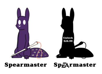 3_fingers 3_toes ambiguous_gender duo electronic_arts_logo feet fingers holding_melee_weapon holding_object holding_polearm holding_spear holding_weapon humor melee_weapon polearm purple_body purple_tail simple_background spear tail text toes weapon white_background white_eyes white_nose anonymous_artist rain_world videocult spearmaster_(rain_world) slugcat english_text hi_res meme