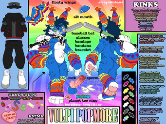 ambiguous_gender anthro baseball_bat bat_(object) breakcore candy dessert food glass party_animal pinata rainbow rave solo technicolor text fetishame animate_inanimate canid canine fox hybrid living_pinata mammal 4:3 absurd_res english_text hi_res model_sheet pastel_theme