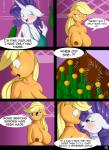 2017 anthro anthro_on_anthro anthrofied applejack_(mlp) areola blonde_hair blue_eyes blush breasts clothing comic conditional_dnp dialogue digital_media_(artwork) dress duo english_text equid equine eye_contact eyes_closed female freckles friendship_is_magic green_eyes hair hasbro hi_res horn long_hair looking_at_another mammal my_little_pony mythological_creature mythological_equine mythology nipple_dip nipples open_mouth orange_body purple_hair rarity_(mlp) speech_bubble suirano teal_clothing teal_dress text unicorn white_body