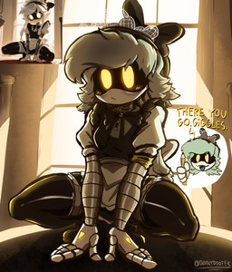 :3 ai_redraw apron belt black_clothing black_footwear black_legwear black_shoes black_thigh_highs blush blush_lines bow_ribbon bow_tie button_(fastener) clothing crouching cute_fangs earless eldritch fangs female footwear giggle glass glowing grey_body grey_hair grey_tongue hair hands_on_ground holding_object holding_pencil legwear light long_hair machine maid_headdress maid_uniform metal metallic_body noseless open_mouth open_smile pencil_(object) pigtails screen screen_face segmented_body sharp_teeth shoes simple_background smile solo stockings sunlight teeth text thigh_highs tongue twintails_(hairstyle) uniform unusual_anatomy white_body window yellow_eyes yellow_text ai_generated_reference diddlydooter1 glitch_productions murder_drones cyn_(murder_drones) eldritch_abomination humanoid robot robot_humanoid worker_drone absurd_res artist_name digital_drawing_(artwork) digital_media_(artwork) hi_res signature
